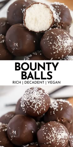 chocolate covered coconut balls are piled on top of each other