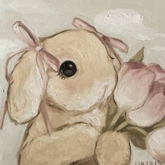 a painting of a teddy bear and flowers