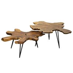 two wooden tables with hairpin legs on each side, one is shaped like a leaf