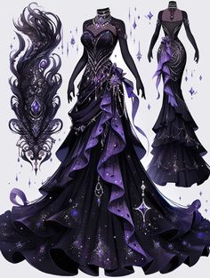 Genshin Impact Inspired Dresses, Fantasy Dress Design Sketches, Prom Dress Drawing, Fishtail Dresses, Dress Design Drawing, Clothing Design Sketches, Old Fashion Dresses, Fashion Drawing Dresses, Dress Design Sketches