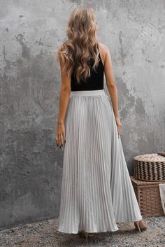 White High Waisted Pleated Maxi Skirt Gray High Waist Pleated Skirt For Spring, Gray Flowy Maxi Skirt, High Waist Pleated Skirt For Spring, Chic Non-stretch Skirt For Brunch, Gray High Waist Skirt For Spring, Chic Pleated Skirt In Solid Color, Gray Fitted Pleated Skirt For Summer, Fitted Gray Pleated Skirt For Summer, Fitted Gray Pleated Summer Skirt