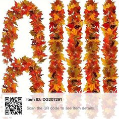 autumn leaves are arranged in the shape of letters and numbers on a white background with qr code to see them details