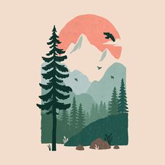 a mountain scene with trees and birds flying over it