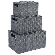 three gray baskets stacked on top of each other