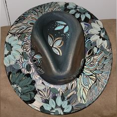 One Of A Kind Hand Painted Hat From Yaya Kieu Of Beyondthecanvas. Cool Tones Micro Glitter With Butterflies Size Medium Bohemian Hand Painted Hats For Vacation, Hand Painted Wide Brim Hat For Beach, Custom Hats For Women, Adjustable Hand Painted Blue Hat, Adjustable Blue Hand Painted Hat, Casual Hand Painted Hat, One Size Fits Most, Painted Hats, Unique Hats, Cool Tones