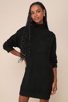 Prepare to be the cutest (and warmest) babe of the season in the Lulus Positively Charming Black Turtleneck Mini Sweater Dress! Soft brushed sweater knit shapes this cozy dress that features a chic turtleneck framed by long sleeves with drop shoulders. The relaxed, shift silhouette boasts a front patch pocket before it falls to a cute mini hem that pairs perfectly with your favorite knee-high boots. Ribbed knit accents the neckline, cuffs, and hem. Fit: This garment fits true to size. Length: Mi Soft Knit Dresses For Fall, Soft Knit Fall Dresses, Chic Oversized Knit Sweater Dress, Black Textured Knit Turtleneck With Long Sleeves, Soft Knit Long Sleeve Fall Dress, Knitted Sweater Dress For Loungewear, Chic Crew Neck Sweater Dress For Fall, Casual High Neck Mini Dress For Fall, Chic Fall Sweater Dress With Crew Neck