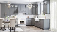 a kitchen with gray cabinets and white chairs is shown in this image, there are chandeliers hanging from the ceiling