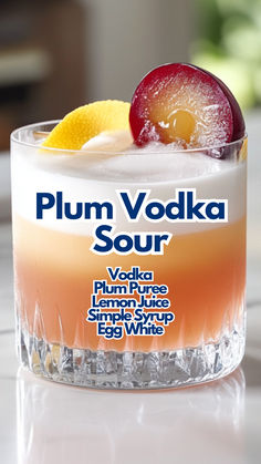 Plum Vodka Sour Plum Alcohol Recipes, Plum Whiskey Cocktail, Sour Plum Drink, Plum Infused Vodka, Cherry Vodka Sour, Vodka Cocktails Easy