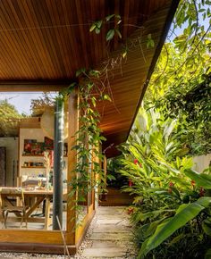 an outdoor dining area with table and chairs in the middle of trees, plants and shrubs surrounding it