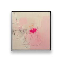 an abstract painting in pink and white with black frame on the wall next to it