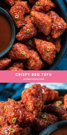 crispy bbq tofu in a bowl with dipping sauce