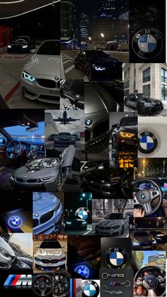 a collage of different bmw cars and their emblems in multiple pictures, all with the same logo on them