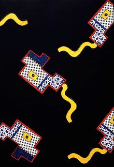 a black background with yellow and blue designs on it