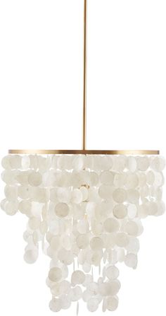 a chandelier with white circles hanging from it's golden metal frame and light fixture