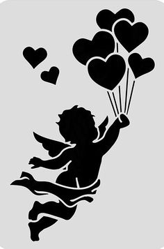 the silhouette of a cupid holding heart shaped balloons