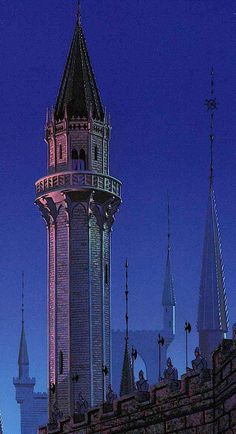 a tall clock tower towering over a city at night with the moon in the sky