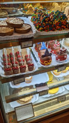 a display case filled with lots of different types of desserts