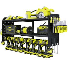 a black and yellow tool rack with lots of tools on it's shelves,