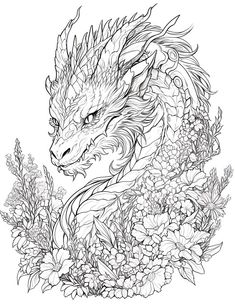 a black and white drawing of a dragon surrounded by flowers