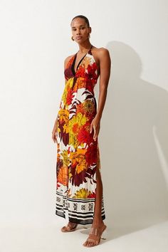 Viscose Georgette Border Print Halterneck Maxi Beach Dress | Karen Millen Maxi Beach Dress, Summer Mood, Beach Maxi Dress, Floral Print Maxi, Border Print, Karen Millen, Flowing Maxi Dress, Fashion Face, Beach Dress