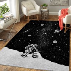 an astronaut on the moon rug in a living room