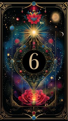 the number six is surrounded by flowers and stars in this art nouveau style card game