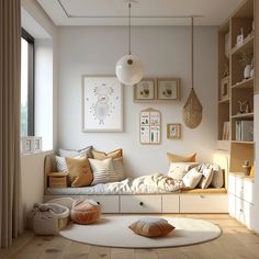 a living room filled with lots of furniture next to a wall mounted book shelf and window