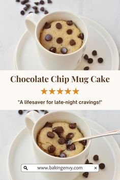 chocolate chip mug cake in a white cup on a plate