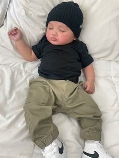 nike blazers with green cargos black tee and black beanie baby outfit Boy Baby Outfits Stylish, Stylish Baby Boy Outfits Summer, 3 Month Old Outfits Boys, Cute Baby Boys Pics, Classy Baby Boy Outfits, Baby Boy Fits Summer, 6 Month Boy Outfits, Baby Boy Astethic