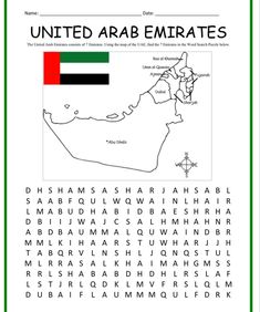 Worksheet with a simple map of UAE showing the 7 emirates: Abu Dhabi, Ajman, Dubai, Fujairah, Ras al Khaimah, Sharjah, Umm al Quwain. Flag Day Uae Crafts For Kids, Uae National Day Activities, Uae National Day Ideas Activities, Qatar National Day, Word Search Puzzles Printables, Free Printable Word Searches, About Me Template, Geography Worksheets