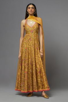 Yellow silk anarkali with floral and thread embroidery. Comes with a dupatta. - Aza Fashions Deep Neck Kurta Designs, Sleeveless Anarkali Kurti, Long Kali Dress Indian, Yellow Floral Anarkali Suits, Simple Indian Wedding Guest Outfit, Yellow Sleeveless Kurti, Diwali Collection For Women, Deep V Neck Kurti Design, Anarkali Dress Sleeveless