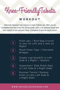 an info sheet with instructions for how to use the knee - friendly tabata workout