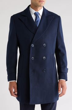 Crisp peaked lapels frame a double-breasted jacket cut from a sumptuous wool blend for cold-weather comfort. Double-breasted button closure Peaked lapels Front welt pockets Lined 45% polyester, 35% wool, 15% other fibers, 5% nylon Dry clean Imported Asian & Pacific Islander Owned/Founded Dark Blue Coat Outfit Men, Blue Coat Outfit Men, Dark Blue Coat Outfit, Coat Outfit Men, Mens Navy Coat, Blue Coat Outfit, Dark Blue Coat, Pacific Islander, Navy Coat