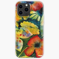 an iphone case with watercolor flowers and butterflies on the front, in bright colors