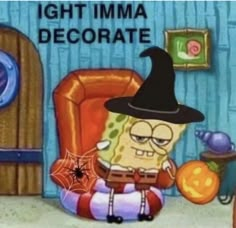 the spongebob is wearing a witch's hat and sitting in a chair