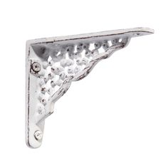 an old white metal shelf bracket with holes in the center and rivets at the bottom