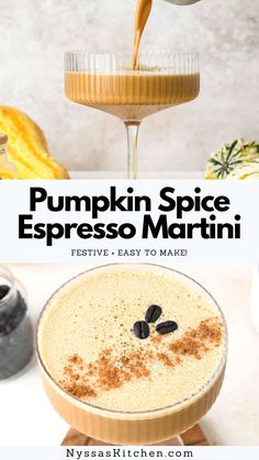 pumpkin spice espresso martini in a glass with the title overlay that reads, pumpkin spice espresso martini festive easy to make