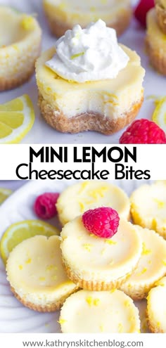 mini lemon cheesecake bites on a plate with raspberries