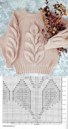 the knitting pattern for a sweater with leaves and flowers on it, in two different sizes