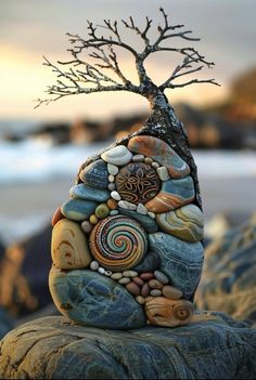 a rock with a tree on it sitting on top of some rocks next to the ocean