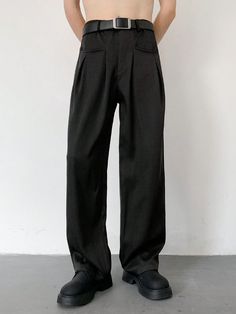 Men Solid Color Straight-Leg Casual Suit Pants Black    Fabric Plain  Non-Stretch  Men Clothing, size features are:Bust: ,Length: ,Sleeve Length: Mens Dress Trousers, Quantum Jumping, Men's Outfits, Fashion Project, Fitted Suit, Elegant Dresses Long, Casual Suit, Black Trousers, Suit Pants