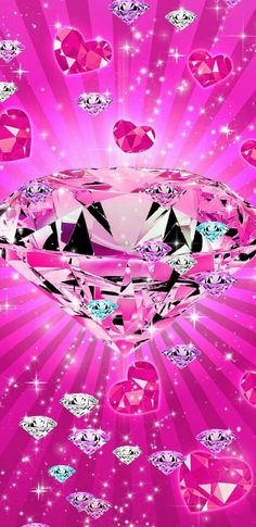 a pink diamond surrounded by diamonds and sparkles on a purple background with stars in the sky