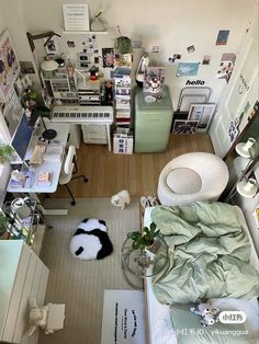 an aerial view of a bedroom with lots of clutter