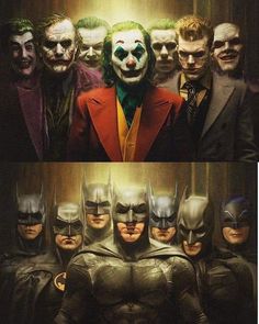 the joker and his gang are all dressed up as batman's in this composite image