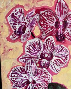 a painting of purple and white flowers on a yellow background