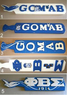 four blue and white signs are shown in three different positions, with the words gomab on them