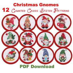 twelve christmas gnomes cross stitch pattern in red and white with the text, 12 christmas gnome