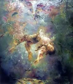 the painting shows two people swimming in water