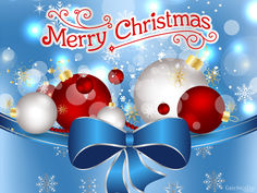 merry christmas card with ornaments and blue ribbon