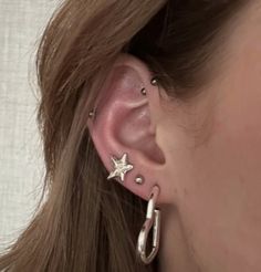 Heart hoop earrings and stars Double Lobe Jewelry, Getting Ears Pierced Aesthetic, Earing Combination, Best Ear Piercing Combinations, Cute Ear Piercings Aesthetic, Silver Earring Stack Aesthetic, Ear Piercings Styles, Piercings On Both Ears, Cute Earring Combinations